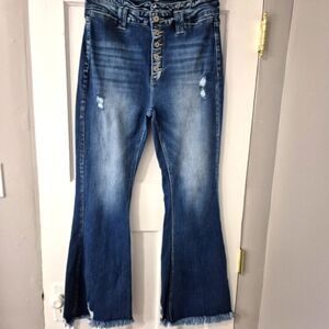 Kancan High Rise Flare Raw Hem Distressed Denim Jeans Med Wash Sz 30